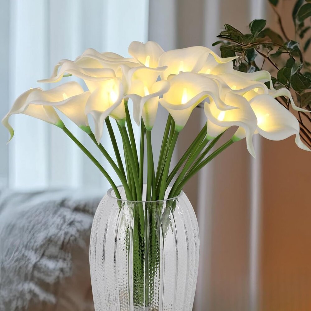 White Real Artificial Flowers Lighted Led Lily Bouquet 20 Stems Home Decor
